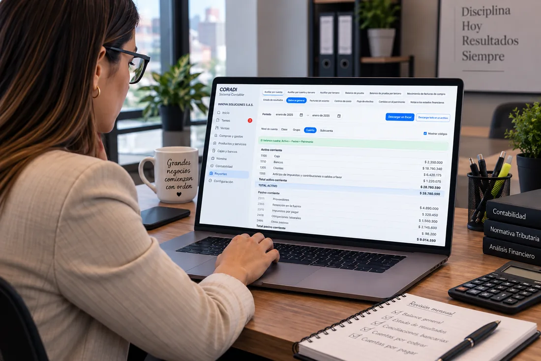 Contadora trabajando con la información de sus clientes en CORADI